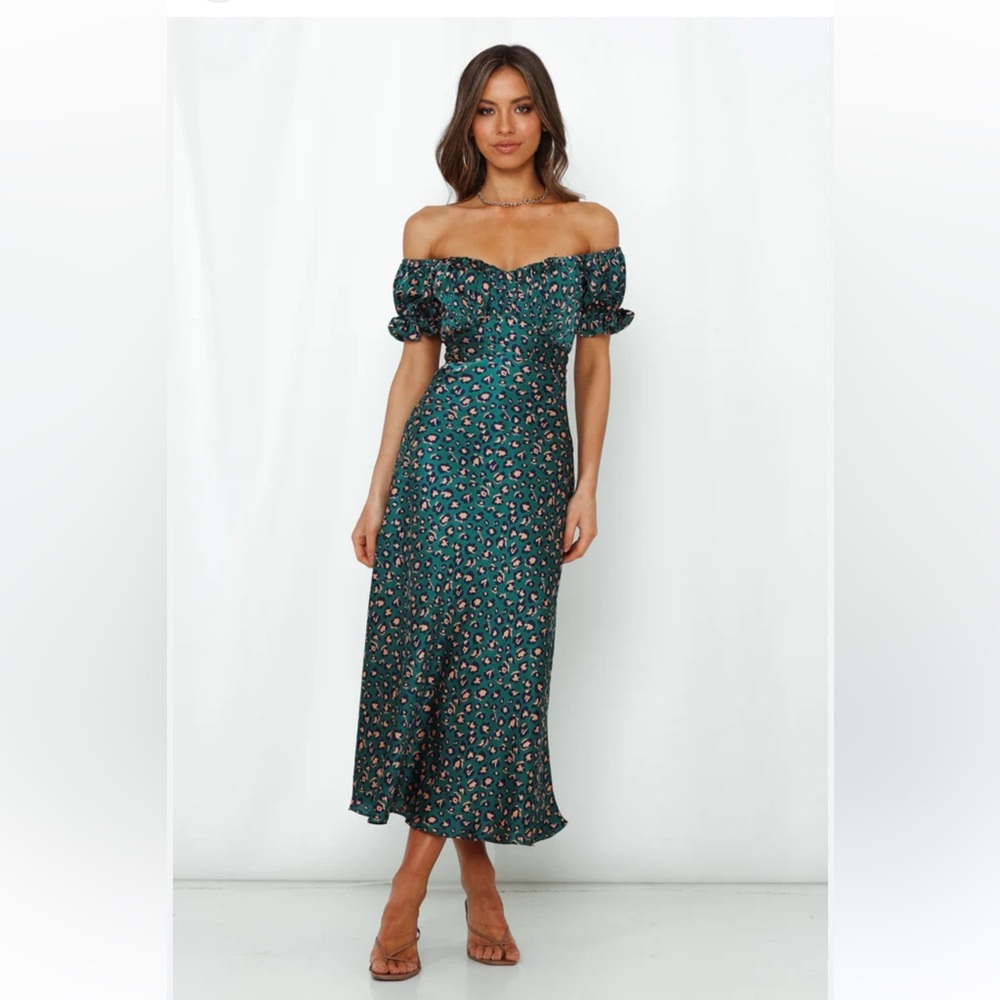 Hello Molly spiced ginger medley maxi Teal Off-Shoulder leopard print 8 Dress